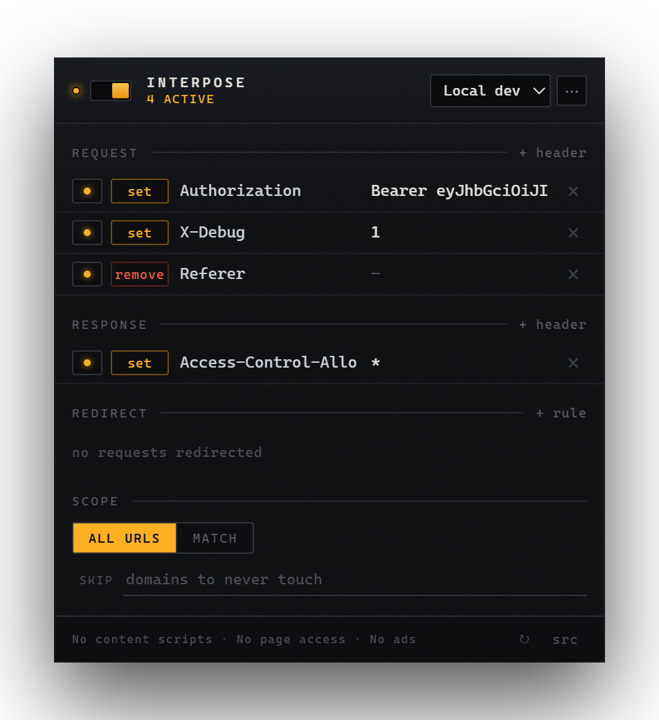 The Interpose popup: an Authorization header being set, a Referer header removed, and a CORS response header added.
